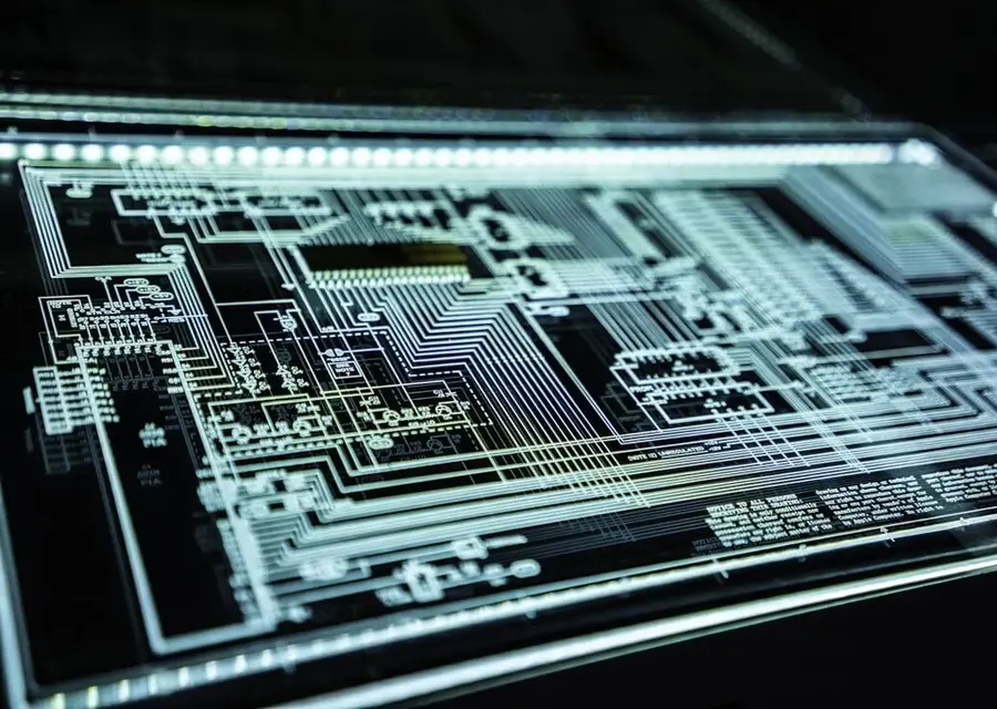 Illuminated circuit board with signal traces, illustrating encrypted no-logs DNS protecting traffic at the hardware level